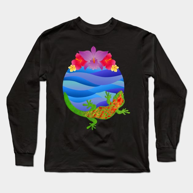 Giant Day Gecko In Tropical Paradise Long Sleeve T-Shirt by ViolaVixi